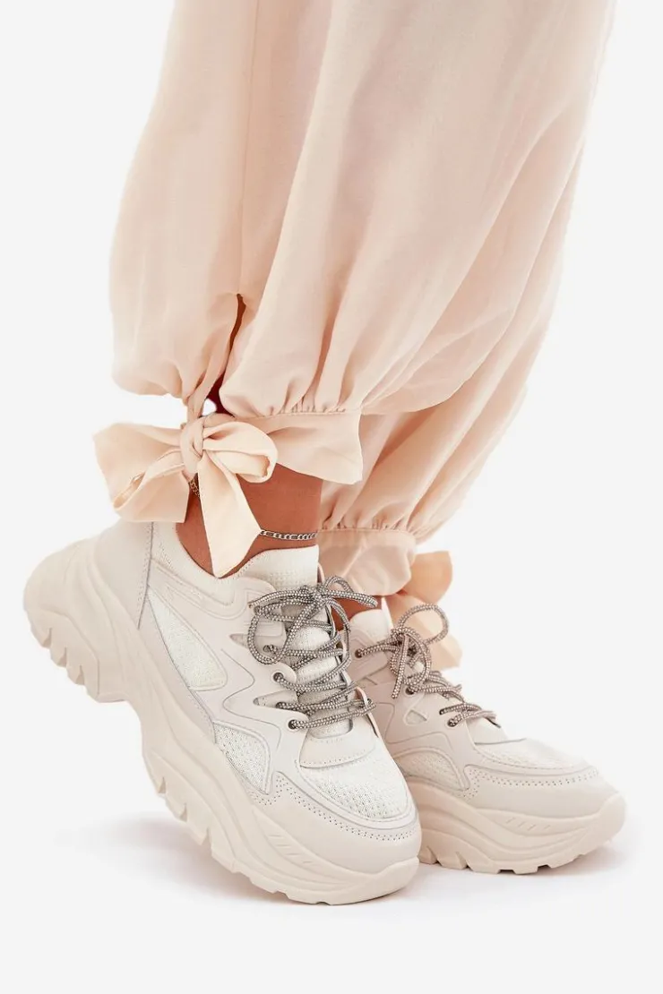 Boto Sneakersy Damskie*Sneakersy Damskie Na Platformie Ozdobnym Sznurowaniem Beżowe Evalianne Beżowy