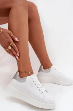 New Big Star Shoes Sneakersy Damskie Na Platformie Big Star SS274245 Biało-Srebrne Biały