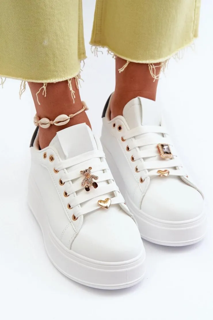 Clearance Boto Sneakersy Damskie Na Platformie Z Przypinkami Eko Skóra Białe Cavisa