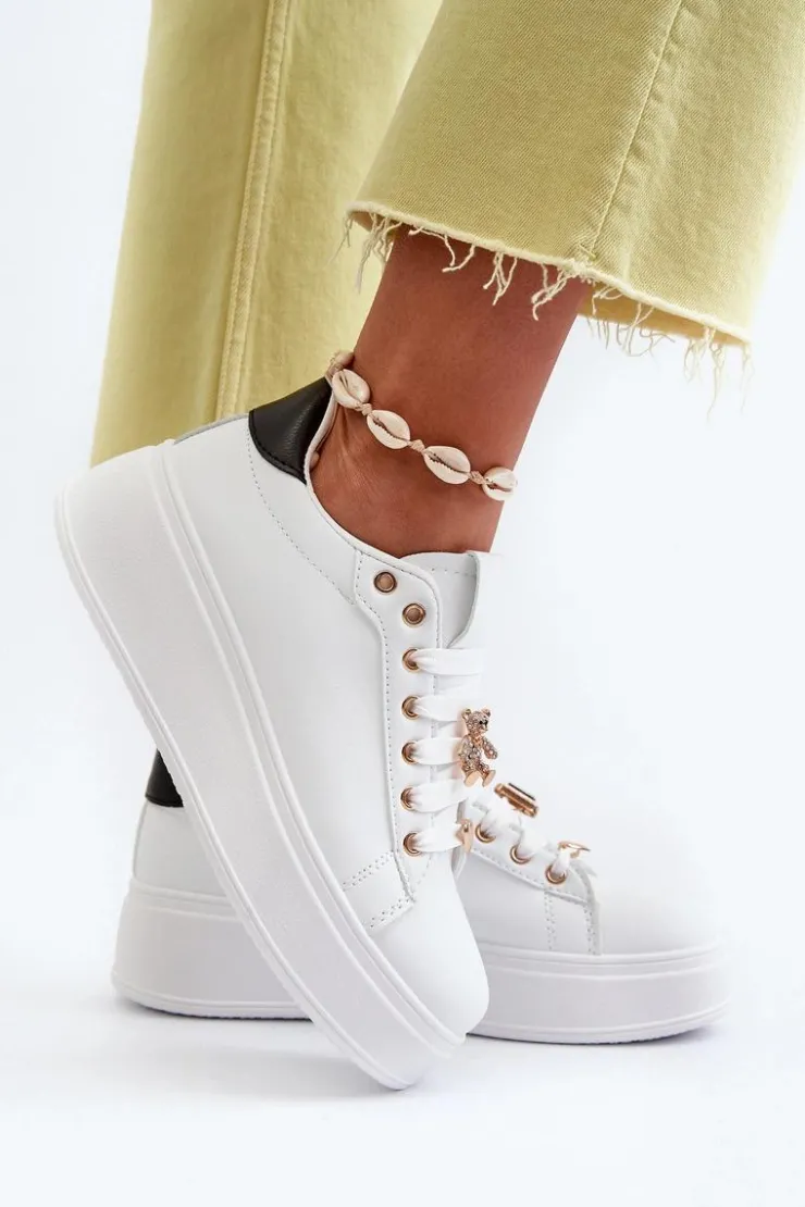 Clearance Boto Sneakersy Damskie Na Platformie Z Przypinkami Eko Skóra Białe Cavisa