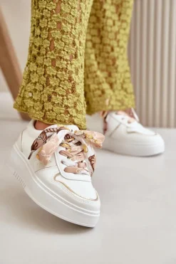 Sale Boto Sneakersy Damskie Na Platformie Z Ozdobnym Sznurowaniem Białe Mistra Biały