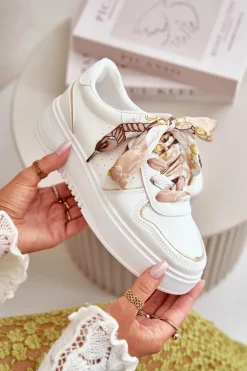 Sale Boto Sneakersy Damskie Na Platformie Z Ozdobnym Sznurowaniem Białe Mistra Biały