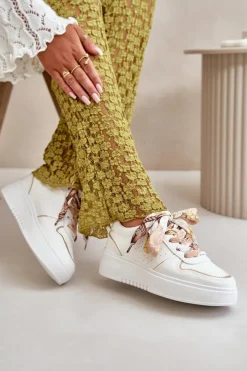 Sale Boto Sneakersy Damskie Na Platformie Z Ozdobnym Sznurowaniem Białe Mistra Biały