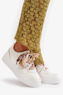 Sale Boto Sneakersy Damskie Na Platformie Z Ozdobnym Sznurowaniem Białe Mistra Biały
