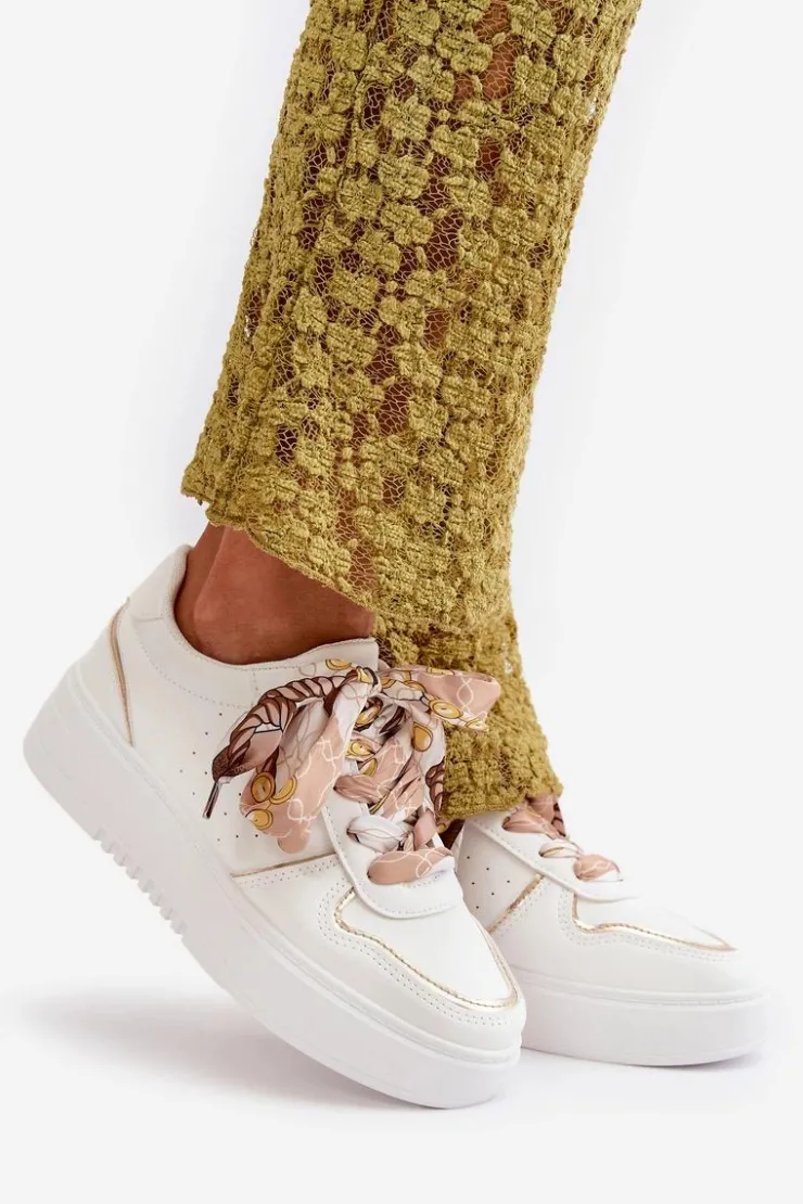 Sale Boto Sneakersy Damskie Na Platformie Z Ozdobnym Sznurowaniem Białe Mistra Biały