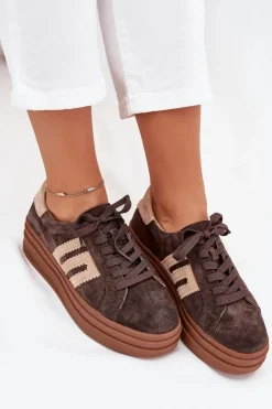 Damskie Boto Sneakersy Damskie Na Platformie Z Naturalnego Zamszu Czekoladowe Eldira