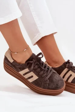 Damskie Boto Sneakersy Damskie Na Platformie Z Naturalnego Zamszu Czekoladowe Eldira