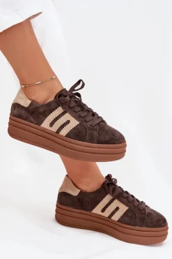Damskie Boto Sneakersy Damskie Na Platformie Z Naturalnego Zamszu Czekoladowe Eldira
