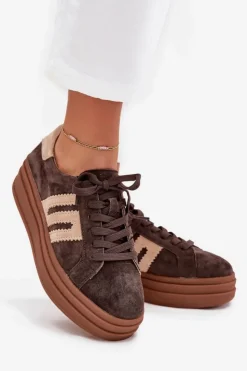 Damskie Boto Sneakersy Damskie Na Platformie Z Naturalnego Zamszu Czekoladowe Eldira