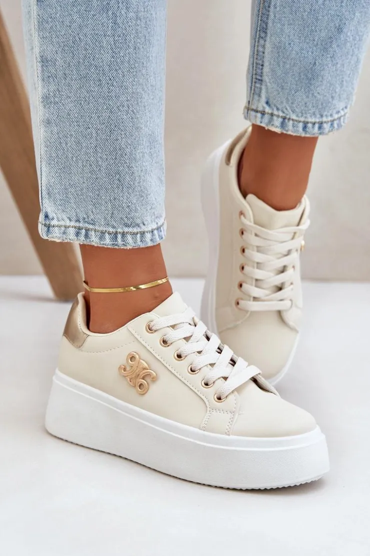 Hot Boto Sneakersy Damskie Na Platformie Beżowo-Złote Temittes