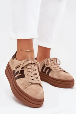 Boto Sneakersy Damskie*Sneakersy Damskie Na Platformie Z Naturalnego Zamszu Beżowe Eldira