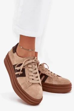 Boto Sneakersy Damskie*Sneakersy Damskie Na Platformie Z Naturalnego Zamszu Beżowe Eldira