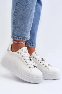 Damskie Boto Sneakersy Damskie Na Platformie Z Ozdobami Białe Herbisa