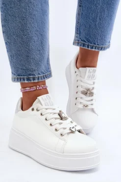Damskie Boto Sneakersy Damskie Na Platformie Z Ozdobami Białe Herbisa