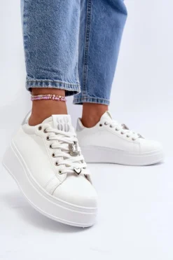 Damskie Boto Sneakersy Damskie Na Platformie Z Ozdobami Białe Herbisa