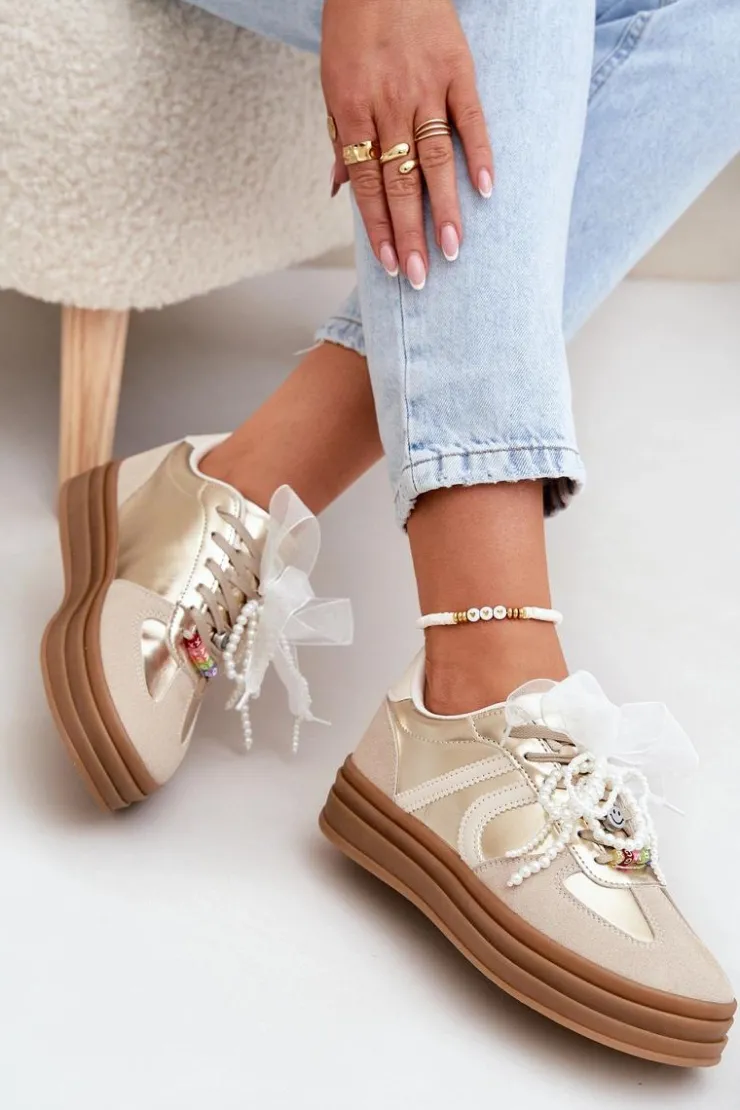 Boto Buty Sportowe Na Platformie|Sneakersy Damskie*Sneakersy Damskie Na Platformie Z Ozdobami Beżowo-Złote Vinness