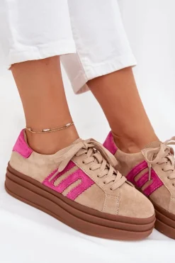 Boto Sneakersy Damskie*Sneakersy Damskie Na Platformie Z Naturalnego Zamszu Beżowo-Różowe Eldira