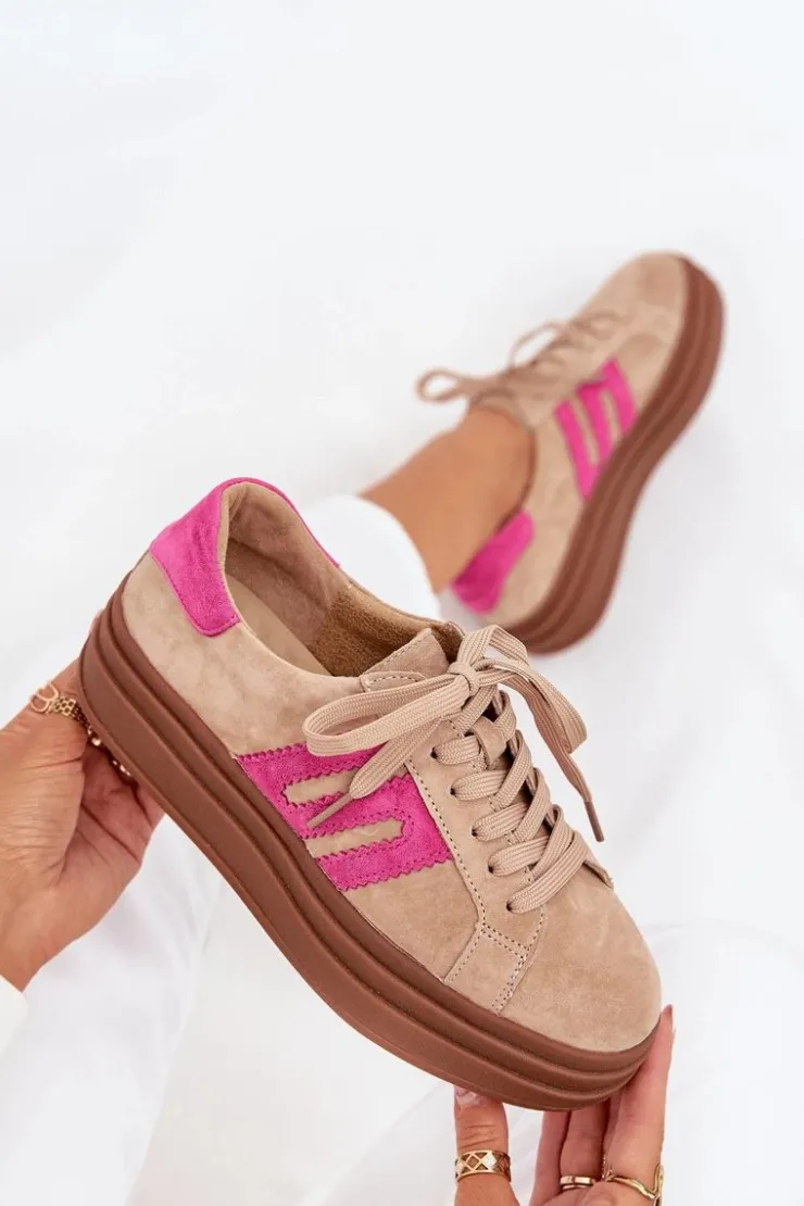 Boto Sneakersy Damskie*Sneakersy Damskie Na Platformie Z Naturalnego Zamszu Beżowo-Różowe Eldira