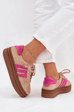 Boto Sneakersy Damskie*Sneakersy Damskie Na Platformie Z Naturalnego Zamszu Beżowo-Różowe Eldira