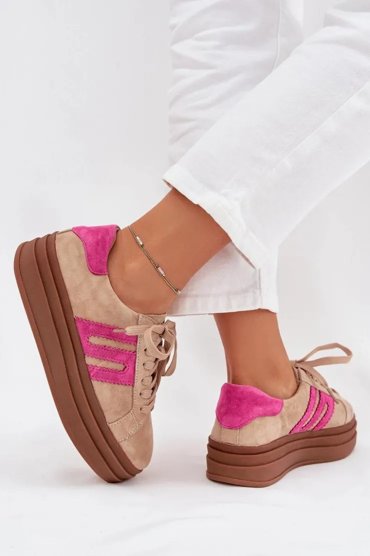 Boto Sneakersy Damskie*Sneakersy Damskie Na Platformie Z Naturalnego Zamszu Beżowo-Różowe Eldira