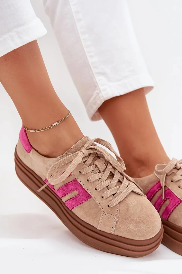 Boto Sneakersy Damskie*Sneakersy Damskie Na Platformie Z Naturalnego Zamszu Beżowo-Różowe Eldira