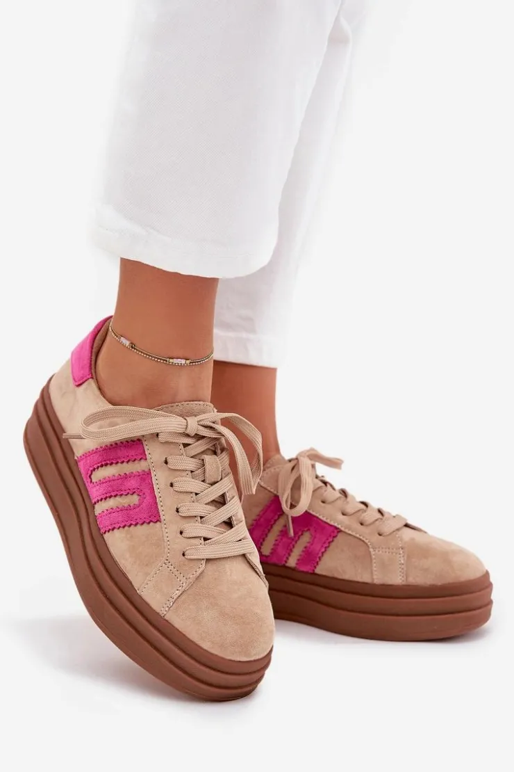 Boto Sneakersy Damskie*Sneakersy Damskie Na Platformie Z Naturalnego Zamszu Beżowo-Różowe Eldira