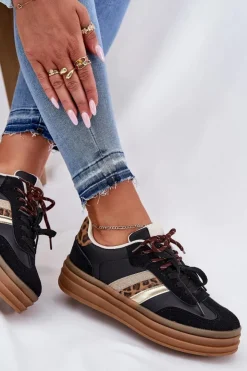Sale Boto Sneakersy Damskie Na Platformie Z Podwójnym Sznurowaniem Panterka Czarne Niteria