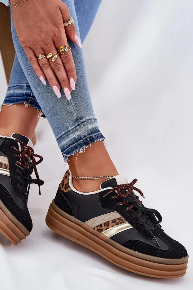 Sale Boto Sneakersy Damskie Na Platformie Z Podwójnym Sznurowaniem Panterka Czarne Niteria