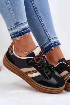 Sale Boto Sneakersy Damskie Na Platformie Z Podwójnym Sznurowaniem Panterka Czarne Niteria