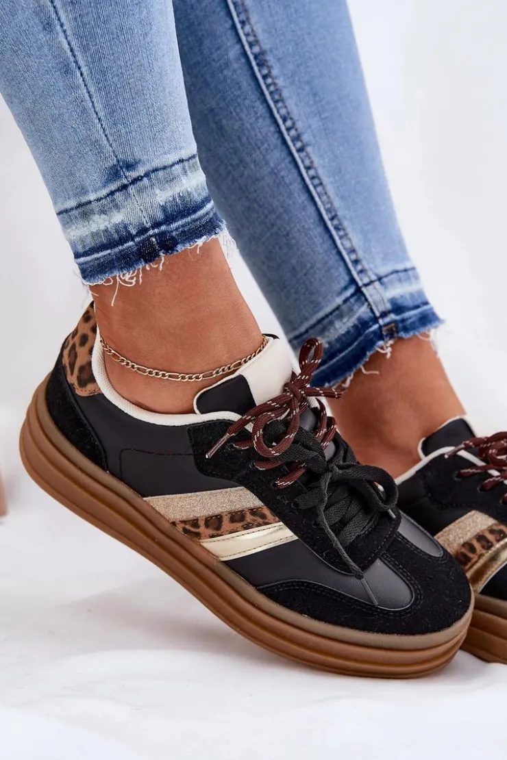 Sale Boto Sneakersy Damskie Na Platformie Z Podwójnym Sznurowaniem Panterka Czarne Niteria