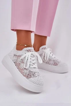Boto Sneakersy Damskie*Sneakersy Damskie Na Platformie Z Szydełkową Cholewką Białe Mirietto