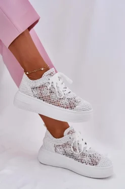 Boto Sneakersy Damskie*Sneakersy Damskie Na Platformie Z Szydełkową Cholewką Białe Mirietto