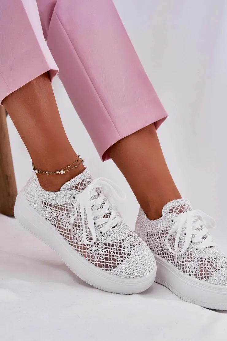 Boto Sneakersy Damskie*Sneakersy Damskie Na Platformie Z Szydełkową Cholewką Białe Mirietto