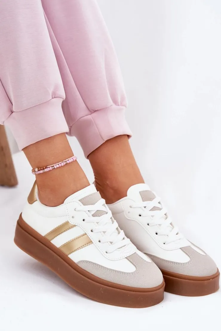 Boto Sneakersy Damskie*Sneakersy Damskie Na Platformie Z Eko Skóry Biało-Złote Elaraven