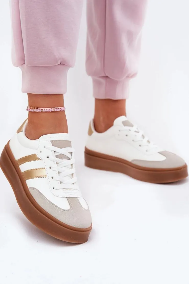 Boto Sneakersy Damskie*Sneakersy Damskie Na Platformie Z Eko Skóry Biało-Złote Elaraven