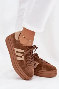 Clearance Boto Sneakersy Damskie Na Platformie Z Naturalnego Zamszu Camel Eldira Brązowy