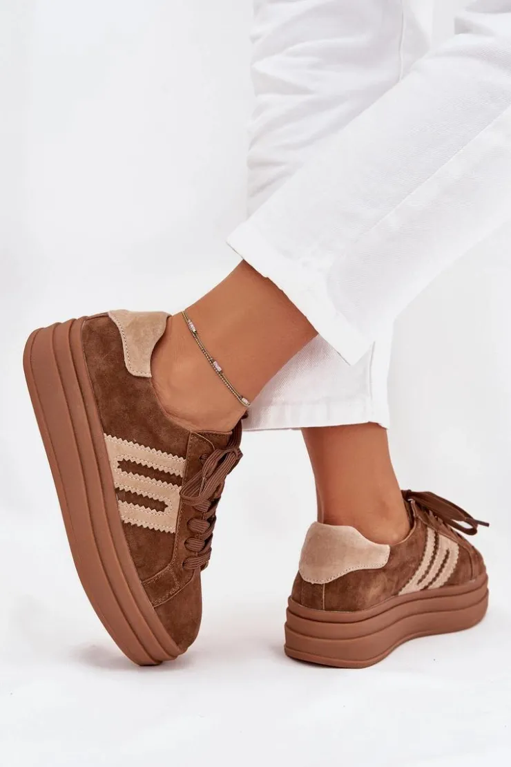 Clearance Boto Sneakersy Damskie Na Platformie Z Naturalnego Zamszu Camel Eldira Brązowy