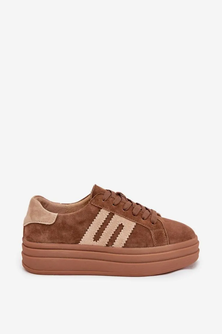 Clearance Boto Sneakersy Damskie Na Platformie Z Naturalnego Zamszu Camel Eldira Brązowy