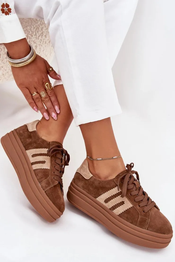 Clearance Boto Sneakersy Damskie Na Platformie Z Naturalnego Zamszu Camel Eldira Brązowy