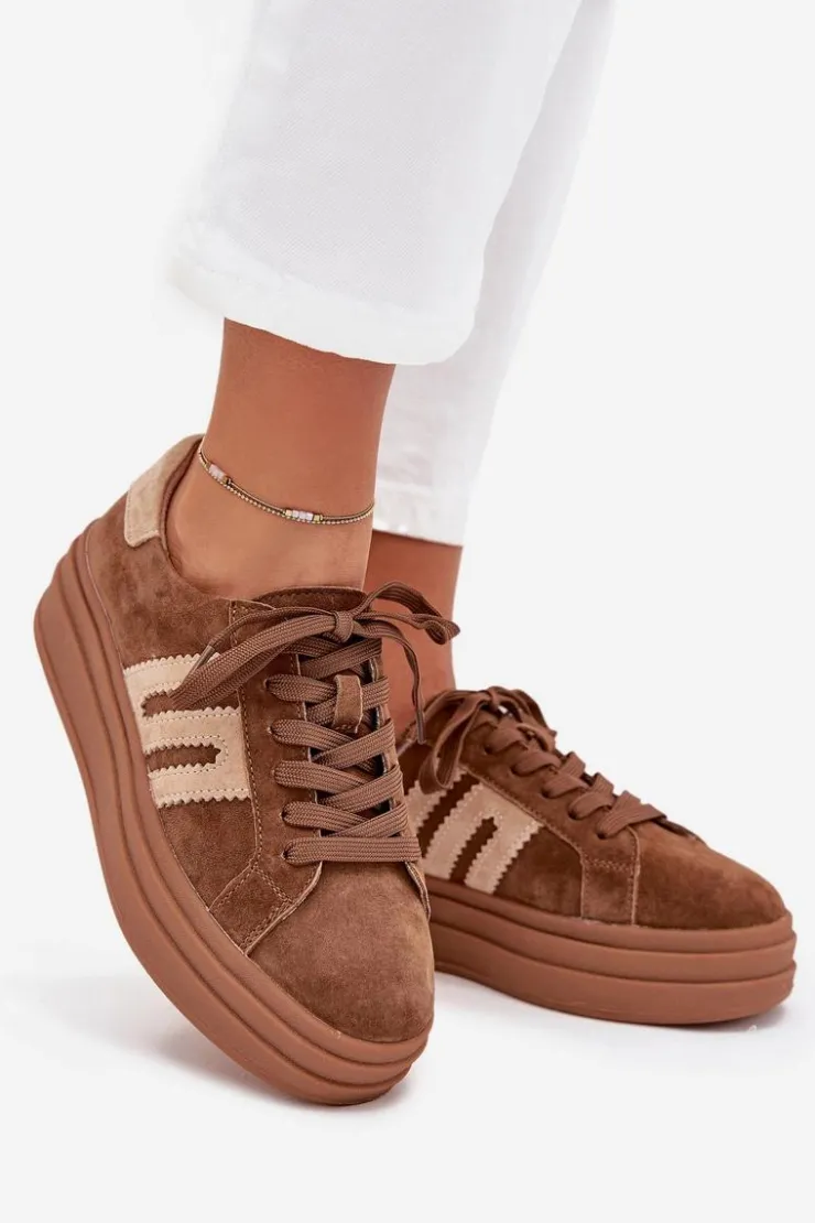 Clearance Boto Sneakersy Damskie Na Platformie Z Naturalnego Zamszu Camel Eldira Brązowy