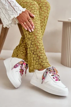 Boto Sneakersy Damskie*Sneakersy Damskie Na Platformie Z Ozdobnym Sznurowaniem Białe Mistra Biały
