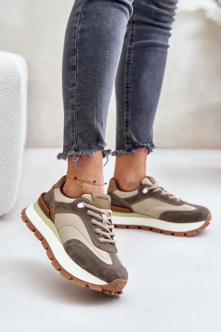 Online Buty damskie Vinceza Sneakersy Damskie Na Platformie Ze Skóry Naturalnej Vinceza 41465 Beżowe