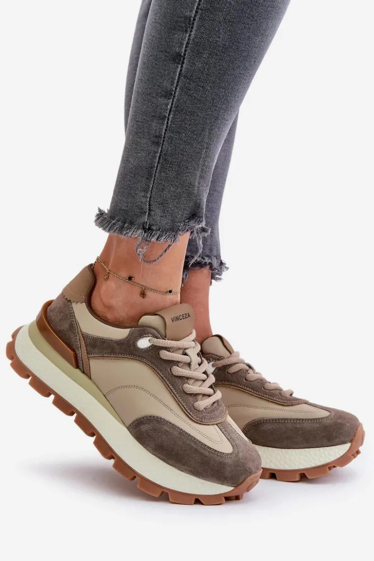Online Buty damskie Vinceza Sneakersy Damskie Na Platformie Ze Skóry Naturalnej Vinceza 41465 Beżowe