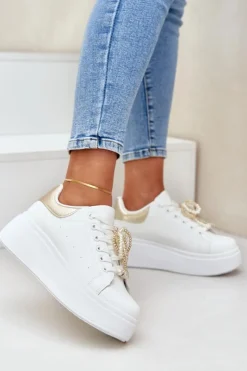 Damskie Boto Sneakersy Damskie Na Platformie Z Ozdobami Biało-Złote Lerissna