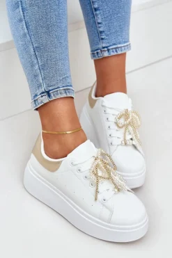 Damskie Boto Sneakersy Damskie Na Platformie Z Ozdobami Biało-Złote Lerissna