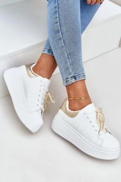 Damskie Boto Sneakersy Damskie Na Platformie Z Ozdobami Biało-Złote Lerissna