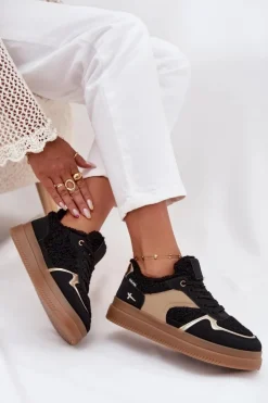 Discount Boto Sneakersy Damskie Na Platformie Z Futerkiem Typu Baranek Czarne Frelina