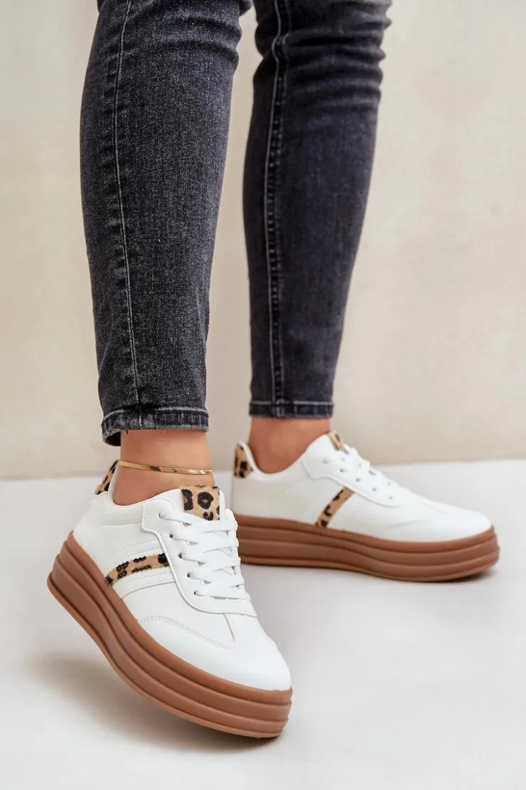 Boto Sneakersy Damskie*Sneakersy Damskie Na Platformie Panterka Białe Dravinnia Biały