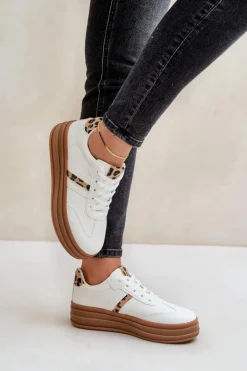 Boto Sneakersy Damskie*Sneakersy Damskie Na Platformie Panterka Białe Dravinnia Biały