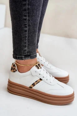 Boto Sneakersy Damskie*Sneakersy Damskie Na Platformie Panterka Białe Dravinnia Biały